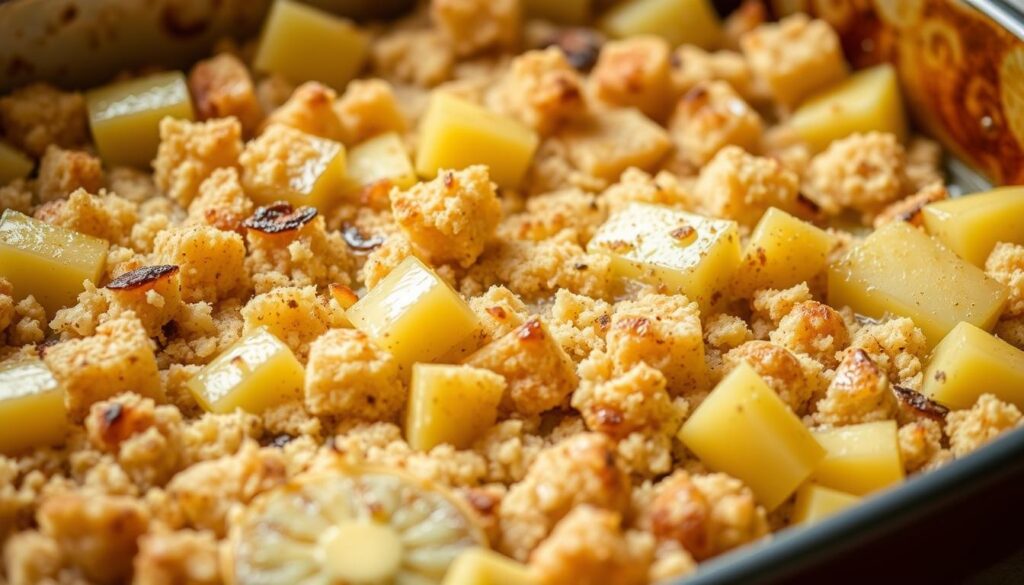 A golden-brown baking dish filled to the brim with a savory pineapple stuffing, its surface glistening with melted butter. Tender chunks of pineapple nestled among fluffy breadcrumbs, fragrant with a hint of cinnamon and nutmeg. The dish is bathed in warm, soft lighting, capturing the inviting aroma and texture of this homemade delicacy. A close-up angle showcases the layers of flavor, with the pineapple's sweetness contrasting beautifully against the savory breadcrumb base. The overall scene evokes a sense of comfort and culinary expertise, perfectly illustrating the "Baking Techniques" section of the article.