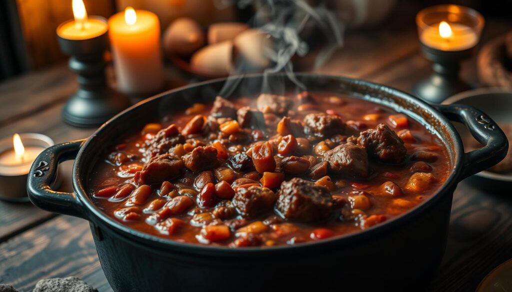 A hearty, simmering pot of brisket chili, its rich aroma filling the air. Tender chunks of brisket mingle with a medley of beans, tomatoes, and spices, creating a depth of flavor that beckons the senses. Flickering candlelight casts a warm glow, illuminating the rustic, wooden table setting, inviting the viewer to imagine a cozy, intimate gathering. Wisps of steam rise from the chili, hinting at the long, slow cooking process that has yielded this comforting dish. The scene evokes a sense of homey contentment, perfect for a satisfying meal on a cool evening.