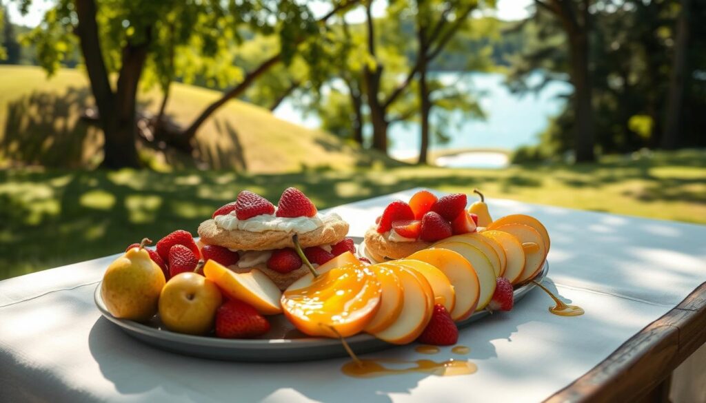 A lush, sun-dappled outdoor scene, with a wooden picnic table set with a pristine white linen tablecloth. Resting on the table is a generous platter of freshly baked Bisquick strawberry shortcake, the crimson berries glistening with just-picked sweetness. Surrounding the dessert is an artful arrangement of sliced pears, drizzled with a glistening honey glaze. Soft, diffused lighting filters through the overhead canopy of verdant trees, casting a warm, golden glow over the scene. In the background, a grassy knoll slopes gently, with a distant glimpse of a sparkling azure lake. The overall mood is one of tranquil, summertime bounty and indulgence.