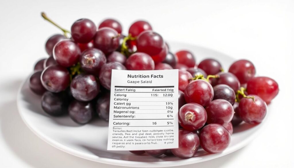 A meticulously arranged plate showcases a delectable grape salad, its vibrant purple hues popping against the crisp white background. Plump, juicy grapes are delicately arranged, their surfaces glistening under soft, diffused lighting. The salad is elegantly presented, with a subtle shadow casting depth and dimension. In the foreground, a nutrition label provides clear, legible information, displaying the caloric content, macronutrient ratios, and other key nutritional data. The overall scene conveys a sense of health, freshness, and attention to detail, perfectly suited to illustrate the "Nutritional Information" section of the "Your Guide to Delicious Pellet Smoker Recipes" article.