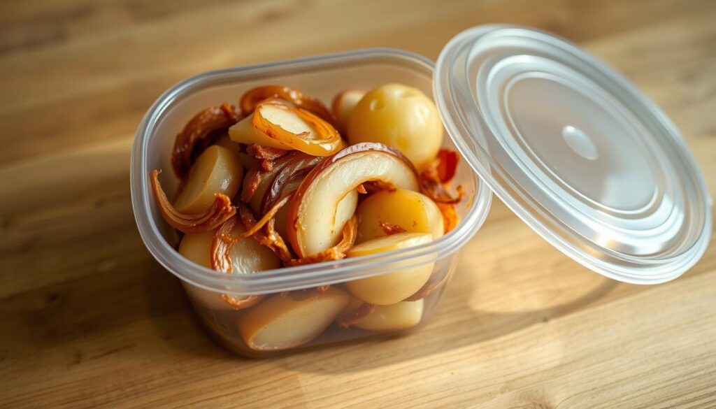 A meticulously arranged still life depicting a plastic food storage container filled with the remnants of a hearty onion boil. The container rests on a wooden table, its translucent lid revealing the caramelized onion slices and tender boiled potatoes within. Soft, natural lighting from the side casts warm shadows, emphasizing the rich, savory hues. The scene exudes a sense of homely comfort and practical utility, inviting the viewer to imagine repurposing these flavorful leftovers. The composition is balanced and visually appealing, showcasing the satisfying results of the onion boil recipe in a way that aligns with the "Storing Leftovers" section of the article.