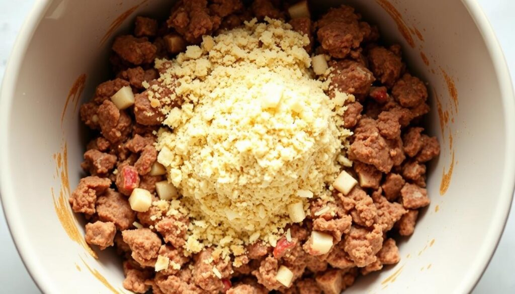 A mixing bowl filled with a savory blend of ground beef, onions, breadcrumbs, and Lipton Onion Soup Mix. The mixture has a rich, earthy tone and a slightly crumbly texture, ready to be shaped into a meatloaf. Soft, indirect lighting illuminates the ingredients, creating a cozy, homemade atmosphere. The bowl is positioned in the center of the frame, with a clean, uncluttered background, allowing the viewer to focus on the key component of the Lipton meatloaf recipe. The composition is balanced and visually appealing, capturing the essence of the step-by-step process of creating the perfect Lipton meatloaf.
