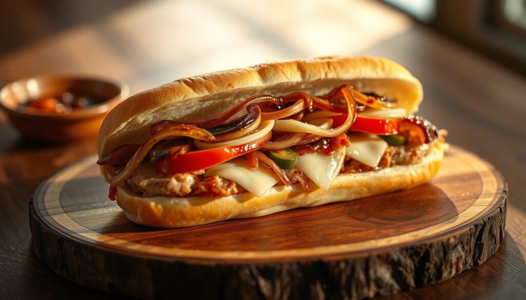 A mouthwatering, artfully arranged chicken Philly cheesesteak, presented on a rustic wooden board. The succulent, grilled chicken breast is layered with melted provolone cheese, sautéed onions, and peppers, all nestled in a toasted, soft hoagie roll. The lighting is warm and natural, casting a golden glow and creating delectable shadows that accentuate the dish's texture and depth. The camera angle is slightly elevated, allowing the viewer to appreciate the careful construction and inviting presentation of this delicious, comforting meal.