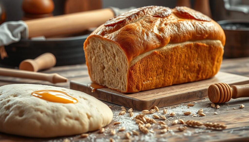 A neatly arranged composition of freshly baked honey wheat bread, its golden-brown crust glistening under soft, natural lighting. The loaf sits on a rustic wooden surface, accompanied by a drizzle of honey and a sprinkling of wheat grains, conveying the artisanal and homemade quality of the recipe. The midground features a rolled-out dough and a few baking tools, hinting at the step-by-step preparation process. In the background, a warm, cozy kitchen setting with subtle details sets the mood for this wholesome, homemade baking scene.