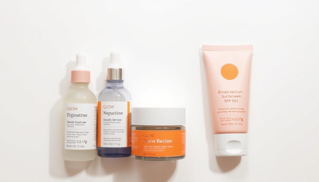 A neatly arranged display of complementary skincare products from Glow Recipe, including a hydrating serum, moisturizing cream, and broad-spectrum SPF 50 sunscreen. The items are evenly lit from above, showcasing their vibrant packaging and natural ingredients. The products are set against a clean, minimalist background, emphasizing their simplicity and efficacy. The overall mood is one of sophistication and wellness, inviting the viewer to explore a holistic approach to skincare.