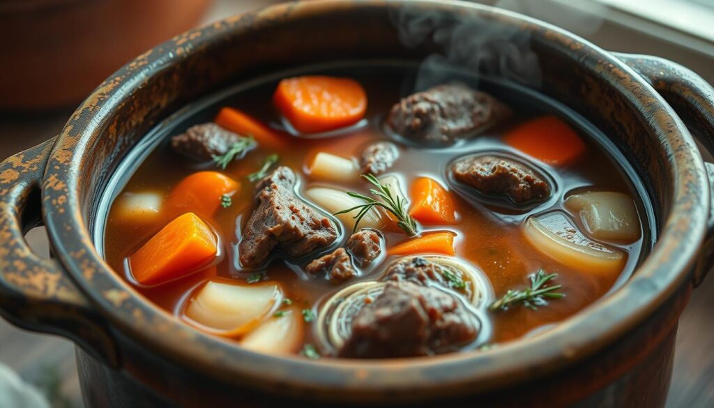 A nourishing slow-cooked beef broth simmers in a rustic ceramic pot, its rich aroma filling the kitchen. Thick chunks of tender beef, carrots, onions, and fragrant herbs create a comforting, hearty scene. Warm lighting casts a cozy glow, while the pot's weathered, earthy surface adds depth and character. The broth's deep, amber hue suggests its depth of flavor, inviting the viewer to imagine the satisfying taste. A sense of homemade tradition and wholesome nourishment permeates the scene, perfectly capturing the essence of "Slow Cooker Beef Broth Recipes".