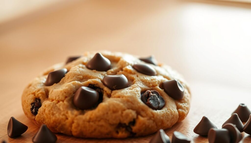A perfectly baked chocolate chip cookie, glistening with melted chocolate chips, set against a bright, clean background. The cookie's texture is soft and pillowy, with a crisp golden edge. Warm lighting from above casts a gentle glow, accentuating the rich, buttery hue of the dough. The scene is captured with a shallow depth of field, drawing the viewer's focus to the delectable cookie in the foreground. Subtle shadows and highlights add depth and dimension, showcasing the cookie's tempting details. An inviting and mouthwatering display, this image perfectly illustrates the tips for achieving the perfect cookie texture without the use of brown sugar.