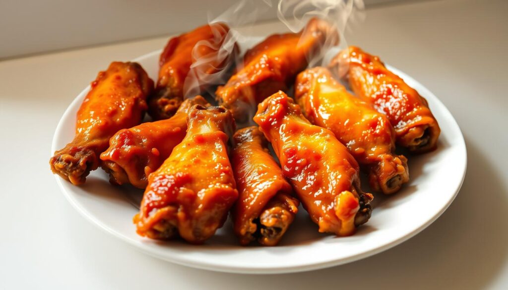 A plate of freshly reheated boneless chicken wings, steam rising from the crispy skin and saucy glaze. The wings are arranged neatly, with a light source illuminating them from the side, casting soft shadows and highlighting the succulent meat. The background is a clean, simple kitchen counter or table, allowing the wings to be the focal point. The overall mood is inviting and appetizing, capturing the essence of reheating these tasty morsels for a delicious snack or meal.