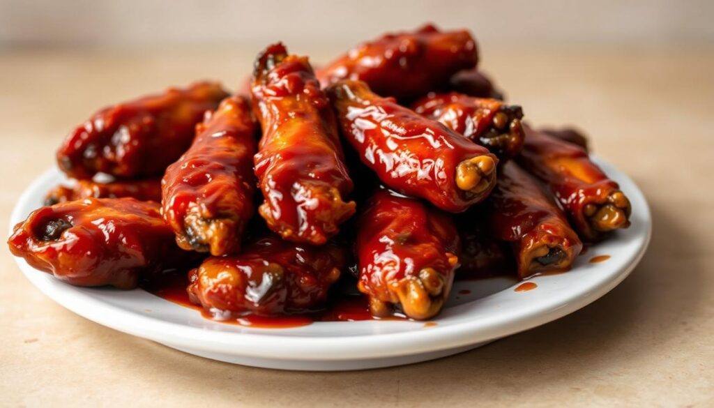 A plate of juicy, golden-brown BBQ boneless chicken wings, glistening with a sticky, tangy sauce. The wings are arranged neatly, with a few scattered on the plate, giving the impression of a homemade, rustic presentation. The background is a neutral, slightly blurred surface, allowing the wings to be the focal point. The lighting is warm and natural, creating a cozy, inviting atmosphere. The overall mood is one of comfort and appetite-inducing deliciousness, perfectly complementing the "Sauces and Seasonings" section of the "How to Make Honey Wheat Bread at Home" article.