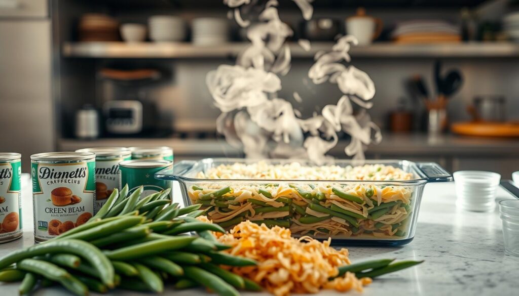 A professional chef's kitchen counter, bathed in warm, natural lighting. In the foreground, a neatly arranged array of fresh green beans, cans of cream of mushroom soup, and crispy fried onions. In the middle ground, a large casserole dish filled with a perfectly layered green bean casserole, steam gently rising. In the background, blurred kitchen appliances and utensils, suggesting a well-equipped workspace. The scene conveys a sense of culinary expertise, highlighting the common preparation steps and potential pitfalls to avoid when crafting the perfect green bean casserole.