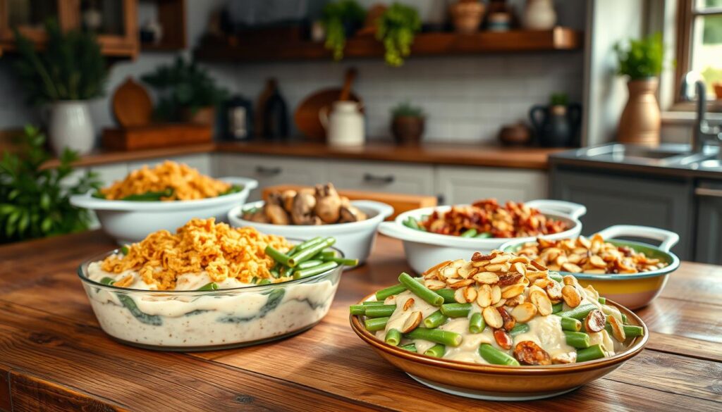 A richly textured kitchen scene showcasing a variety of green bean casserole variations. In the foreground, a classic green bean casserole with crispy fried onions sits atop a rustic wooden table, its creamy sauce glistening. Beside it, a vegetarian option with roasted mushrooms and a dairy-free version made with almond milk. In the middle ground, additional serving dishes reveal more creative takes - one with bacon crumbles, another garnished with toasted almonds. The background features a farmhouse-style kitchen, warm lighting casting a cozy glow over the scene. Subtle plant accents and vintage-inspired props complete the homey, inviting atmosphere.