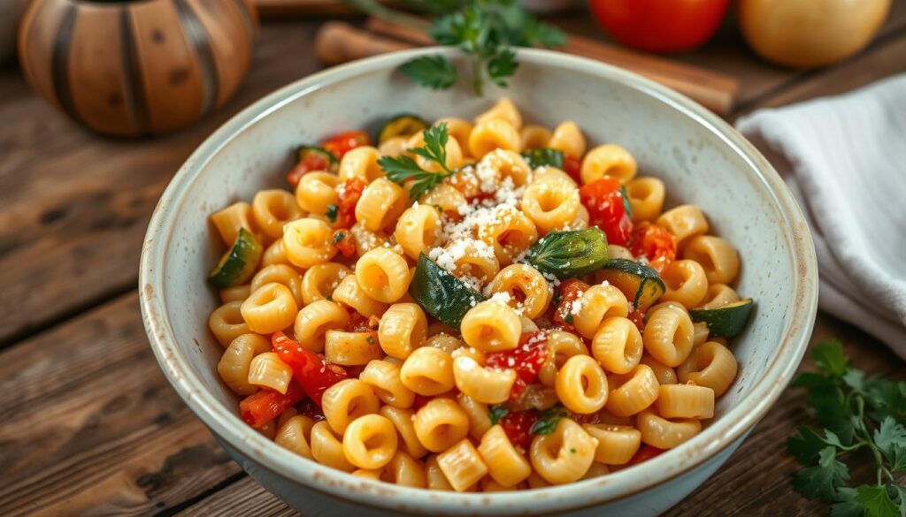 A rustic kitchen setting with a wooden table, a ceramic bowl filled with steaming, keto-friendly Ditalini pasta. The pasta is mixed with sautéed vegetables, such as zucchini, bell peppers, and onions, in a rich, creamy sauce. Garnished with fresh herbs and a sprinkle of grated Parmesan cheese. Soft, natural lighting illuminates the scene, emphasizing the vibrant colors and textures of the dish. The composition is balanced, with the Ditalini taking center stage, surrounded by the supporting cast of ingredients. The overall mood is warm, cozy, and inviting, showcasing a delicious, gluten-free and dairy-free recipe perfect for special diets.