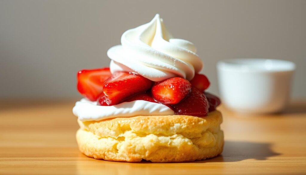 A scrumptious Bisquick strawberry shortcake, freshly baked and glistening in natural light. The golden-brown biscuit foundation is layered with juicy, ripe strawberries and a dollop of fluffy whipped cream, creating a visually appealing and mouthwatering dessert. The composition places the shortcake at a slight angle, highlighting its delicate textures and vibrant colors. The background is a soft, neutral tone that allows the dessert to take center stage, conveying a sense of simplicity and homemade goodness. This image exudes the warmth and comfort of a classic American treat, perfect for illustrating a section on frequently asked questions about brewing the perfect Mexican coffee at home.