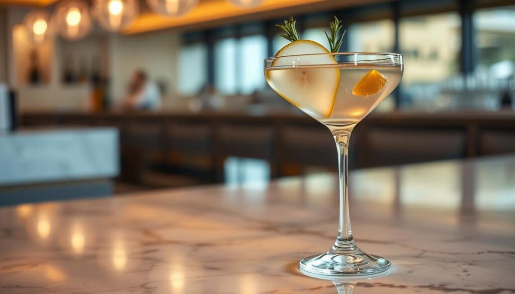 A sleek and sophisticated pear martini served on a marble-topped bar, garnished with a delicate slice of fresh pear and a sprig of rosemary. The glass catches the warm glow of soft, overhead lighting, casting a gentle reflection on the polished surface. Elegant crystalline glassware and a minimalist, contemporary setting create an atmosphere of refined indulgence, perfect for sipping and savoring this refined cocktail creation. The pear's subtle sweetness and the herbaceous notes of the rosemary perfectly complement the spirit's botanical flavors, inviting the viewer to experience the perfect pear martini.