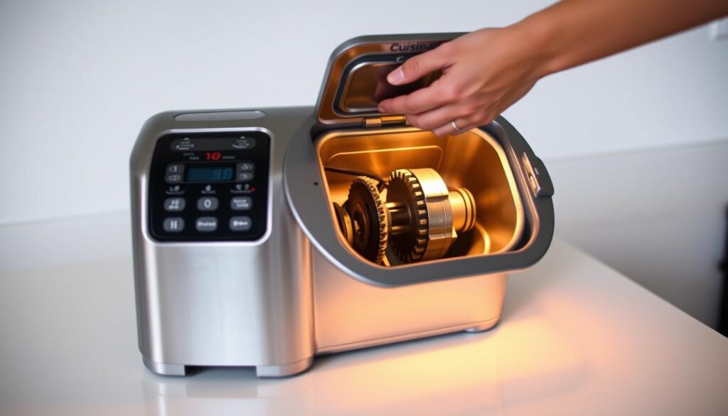 A sleek, silver Cuisinart bread machine sits on a pristine kitchen counter, its control panel illuminated with status lights. In the foreground, a pair of hands gently open the machine's lid, revealing the interior mechanisms. The warm glow of a soft, directional light highlights the intricate gears and components, inviting the viewer to inspect and troubleshoot any potential issues. The background is a clean, minimalist setting, allowing the focus to remain on the bread machine and the process of diagnosing and resolving any problems. The overall mood is one of calm, organized problem-solving, guiding the viewer through the steps of maintaining a reliable and efficient Cuisinart bread-making experience.