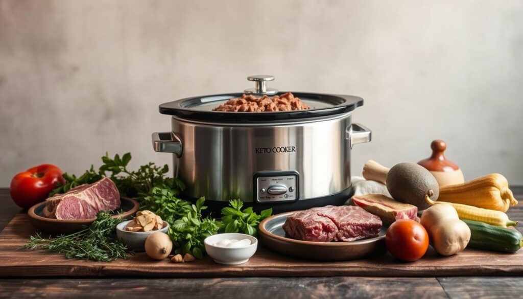 A sleek, stainless steel slow cooker sits atop a rustic wooden table, surrounded by a variety of keto-friendly ingredients - fresh herbs, grass-fed beef, organic vegetables, and healthy fats. Soft, diffused lighting casts a warm glow, highlighting the rich textures and colors of the scene. In the background, a neutral, muted wall provides a clean, minimalist backdrop, allowing the star of the show - the slow cooker and its contents - to take center stage. The overall atmosphere is one of simplicity, wholesome nourishment, and the effortless convenience of a well-executed keto slow cooker meal.