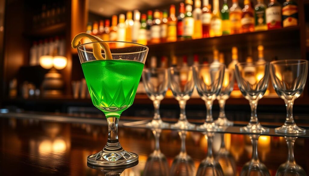 A sophisticated crystal glassware set in an elegant, dimly lit bar setting. The foreground features a gleaming Last Word cocktail glass with a distinctive triangular shape, filled with a vibrant green liquid and adorned with a delicate lemon twist garnish. The middle ground showcases a matching set of glasses, each reflecting the warm, inviting lighting that casts a cozy ambiance. In the background, a wooden bar top and shelves displaying an array of premium spirits and mixers, creating a refined, speakeasy-inspired atmosphere.