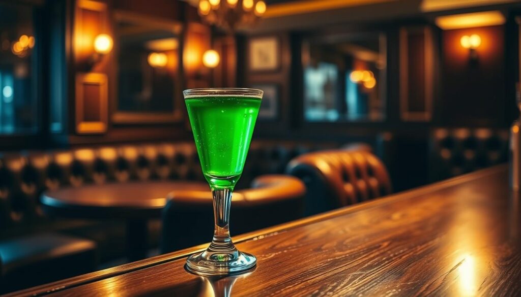 A sophisticated, expertly-crafted Last Word cocktail, its vibrant green hue shimmering under the warm, golden glow of a speakeasy-style lighting setup. The glass, tilted at a slight angle, sits atop a sleek, polished wooden bar, casting soft, reflective shadows. In the background, a dimly lit, intimate lounge setting with plush, leather-upholstered seating and a subtle, jazzy ambiance evokes the classic, prohibition-era atmosphere. The composition highlights the drink's elegant presentation, inviting the viewer to savor the craftsmanship and complexity of this iconic cocktail.