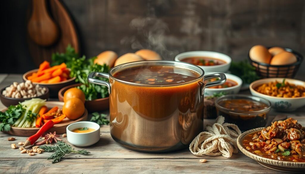 A sumptuous still life scene depicting an array of creative beef broth recipes. In the foreground, a large pot of rich, simmering beef broth takes center stage, steam gently rising. Surrounding it, a variety of garnishes and accompaniments - diced vegetables, fresh herbs, hearty bread rolls, and a sprinkling of vibrant spices. The middle ground features a selection of bowls and dishes, each showcasing a unique beef broth-based dish, from savory beef and barley soup to a comforting beef stroganoff. The background is softly blurred, hinting at a cozy, rustic kitchen setting with weathered wooden surfaces and muted, earthy tones. Warm, natural lighting casts a gentle glow, heightening the inviting and appetizing atmosphere. The overall composition is balanced, with a focus on the central pot of beef broth, drawing the viewer's attention to the heart of the scene.