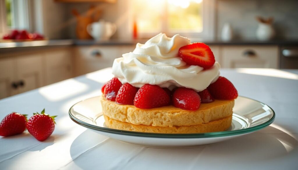 A sun-drenched kitchen, a platter of freshly baked strawberry shortcake rests on a crisp, white tablecloth. The golden sponge cake is layered with plump, juicy strawberries and a generous dollop of lightly sweetened whipped cream. Rays of warm light filter through the window, casting a soft glow on the delectable dessert. Vibrant red berries glisten, their vibrant hues contrasting beautifully with the fluffy white cream. The aroma of vanilla and sugar fills the air, creating a mouthwatering scene of strawberry shortcake perfection.