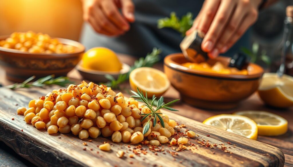 A vibrant Mediterranean scene of hummus preparation. In the foreground, a wooden board holds freshly diced ceci (chickpeas), drizzled with fragrant olive oil and sprinkled with aromatic spices. In the middle ground, skilled hands gently mash the beans with a mortar and pestle, releasing their nutty aroma. In the background, a traditional ceramic bowl awaits the finished hummus, surrounded by sprigs of fragrant herbs and sliced lemons. Warm, ambient lighting casts a golden glow, evoking the sun-drenched flavors of the Mediterranean. A rustic, handcrafted aesthetic captures the homemade nature of this versatile vegetarian delight.