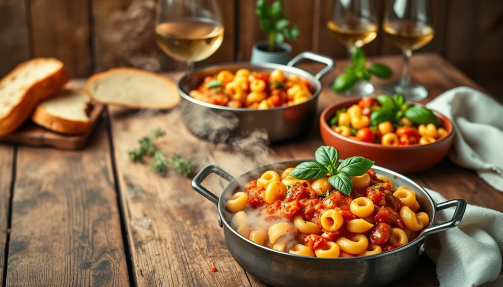 A vibrant, appetizing scene of one-pot ditalini pasta dishes, artfully arranged on a rustic wooden table. In the foreground, a steaming pot of ditalini in a rich, creamy tomato sauce, garnished with fresh basil leaves. In the middle ground, a hearty ditalini and vegetable medley, simmered to perfection. The background features a selection of crusty bread, a glass of white wine, and a small potted herb plant, creating a cozy, homemade atmosphere. Soft, warm lighting casts a gentle glow over the scene, emphasizing the dish's inviting textures and vibrant colors. The composition is balanced and visually appealing, capturing the essence of quick, easy, and delicious ditalini recipes for busy weeknights.