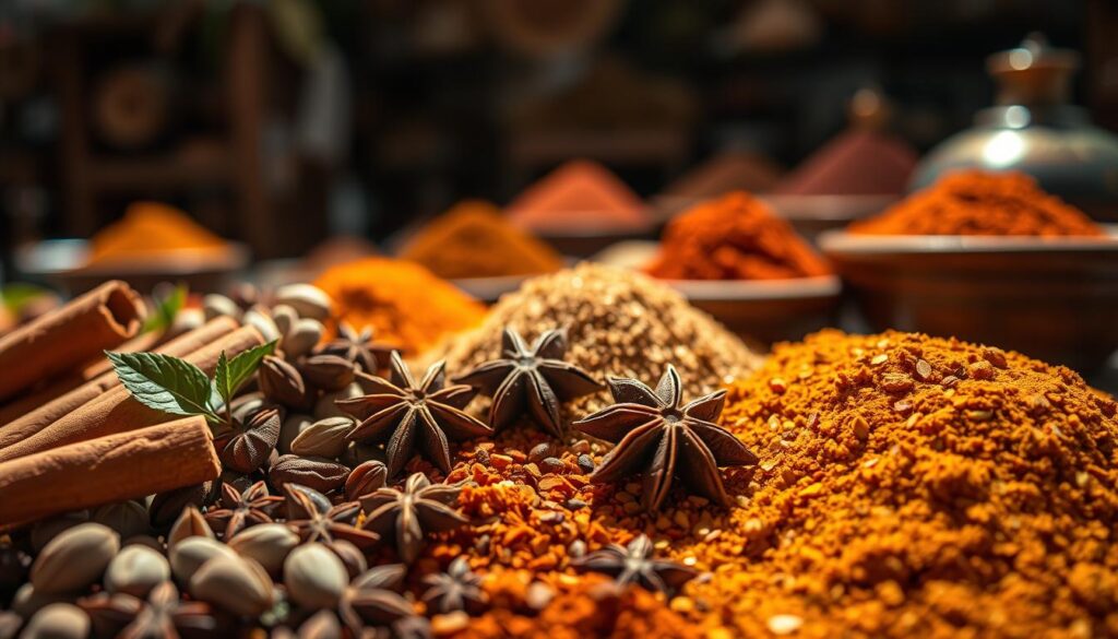 A vibrant array of exotic Golo spices cascades across the frame, their rich hues and intricate textures capturing the essence of culinary adventure. In the foreground, a carefully curated selection of whole spices - cinnamon sticks, cardamom pods, and star anise - are arranged with artistic precision, casting captivating shadows and highlights. The middle ground features ground spices in earthy tones, their aromatic presence hinting at the depth of flavor they hold. In the background, a softly blurred setting evokes the warmth and mystery of a distant spice market, inviting the viewer to immerse themselves in the alluring world of Golo cuisine. The overall composition radiates a sense of refined elegance, perfectly suited to elevate and inspire the creation of mouthwatering Golo dishes.