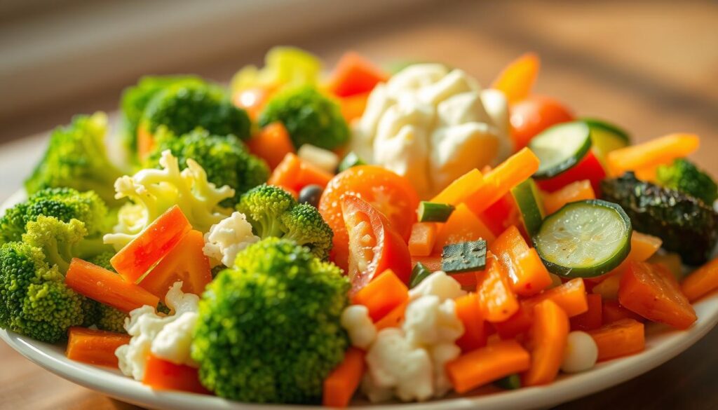 A vibrant array of fresh, crisp vegetables artfully arranged on a white plate, creating a visually stunning and appetizing "Variations of Broccoli Cauliflower Salad". The foreground features a mixture of brightly colored florets, including vibrant green broccoli, creamy white cauliflower, and pops of red and orange from bell peppers. The middle ground showcases a variety of sliced vegetables, such as juicy tomatoes, crunchy carrots, and juicy cucumber spears, all drizzled with a light, tangy dressing. The background is softly blurred, creating a focus on the delectable dish. Warm, natural lighting casts a gentle glow, accentuating the vivid colors and textures of the fresh, nutritious ingredients. The overall composition is visually appealing, inviting the viewer to savor the flavorful and nourishing "Variations of Broccoli Cauliflower Salad".