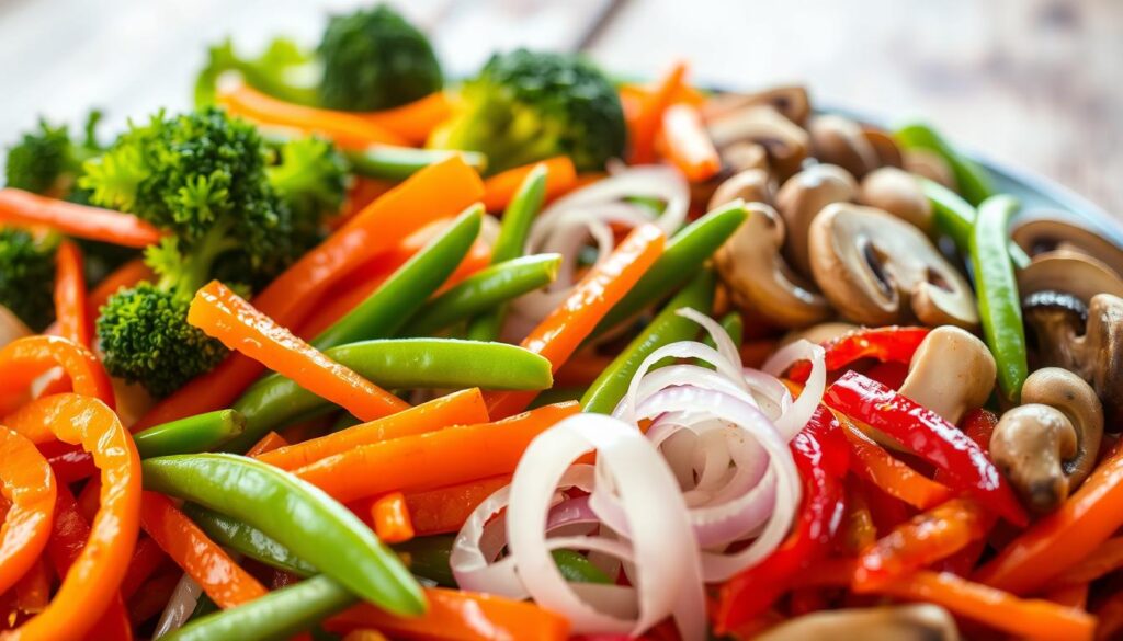 A vibrant assortment of fresh stir-fry vegetables, glistening under warm, natural lighting, captured in a mid-close-up composition. In the foreground, an array of colorful sliced peppers, carrots, broccoli florets, and snap peas, meticulously arranged. The middle ground features slivers of crisp onions and tender mushrooms, while the background subtly suggests a rustic wooden surface, creating a sense of depth and texture. The overall scene evokes a sense of culinary enthusiasm, perfectly suited to illustrate the "Adding Vegetables to Your Stir Fry" section of the article.