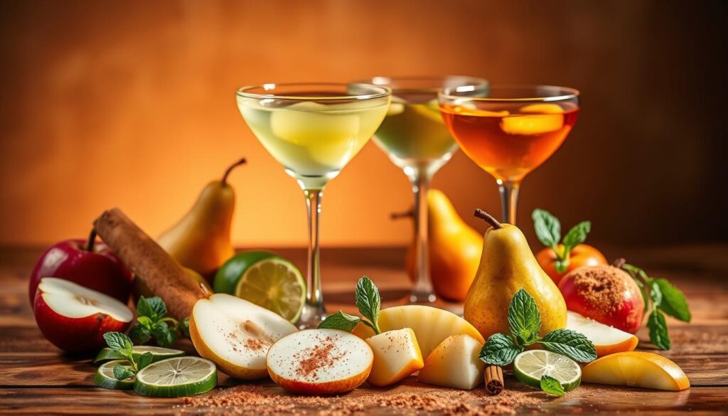 A vibrant still life arrangement showcasing an assortment of colorful, fruit-inspired cocktails. In the foreground, a variety of freshly muddled ingredients - sliced pears, lime wedges, sprigs of mint, and a dusting of cinnamon - are arranged artfully on a wooden surface. The middle ground features a trio of martini glasses, each brimming with a unique pear-infused libation, their hues ranging from pale green to amber. Backlighting creates a warm, inviting glow, casting gentle shadows and highlights that accentuate the textures and shapes of the scene. The overall mood is one of sophistication and refinement, perfectly capturing the essence of "Pear Martini Variations to Try".