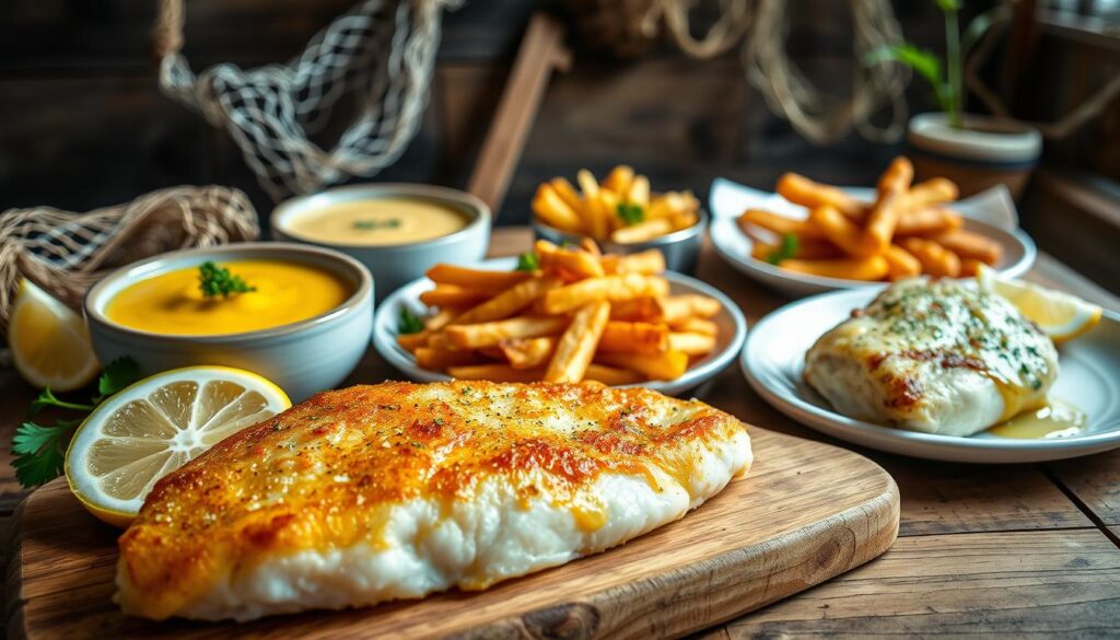 A vibrant still life scene of the best cod fish recipes, shot in natural light with a shallow depth of field. In the foreground, a freshly fried cod fillet glistens, accompanied by a lemon wedge and a sprinkle of parsley. In the middle ground, a variety of cod-based dishes are neatly arranged, including a creamy cod chowder, a crispy cod fish and chips, and a delicate pan-seared cod with a garlic butter sauce. The background features a rustic wooden table, with a few fishing nets and nautical-themed decor elements, evoking a cozy coastal atmosphere. The overall mood is one of culinary mastery and the celebration of the versatility of this beloved white fish.