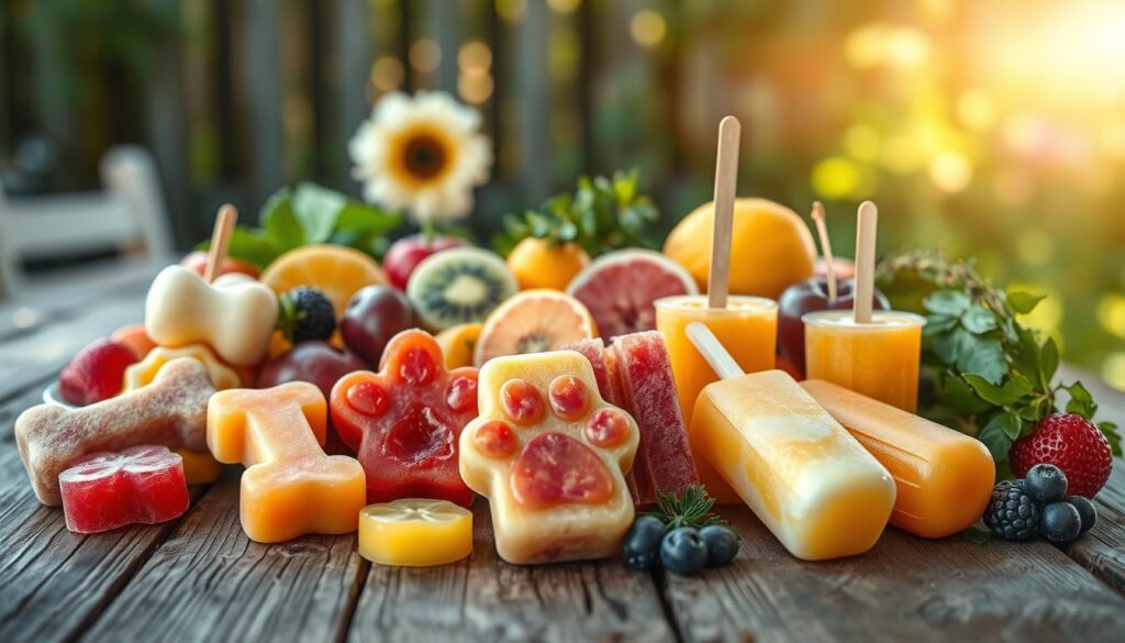 A vibrant summer scene featuring an array of homemade pupsicles, arranged artfully on a rustic wooden surface. In the foreground, an assortment of frozen treats in various shapes and colors, such as bone-shaped, paw-print, and classic cylinder forms, capturing the playful spirit of the occasion. The middle ground showcases a variety of fresh, seasonal fruits and herbs, hinting at the natural, wholesome ingredients used in the recipes. The background evokes a serene, sun-dappled outdoor setting, with a soft, warm lighting that casts a gentle glow over the scene, creating a welcoming and inviting atmosphere. The overall composition conveys the joy and creativity of crafting delightful pupsicle treats for beloved canine companions during the warm summer months.