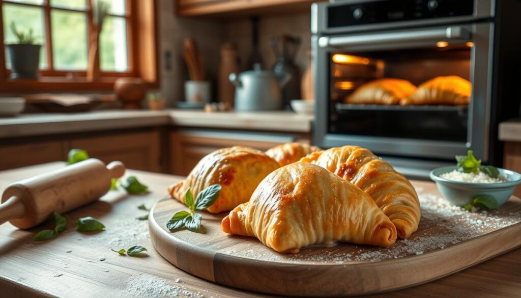 A warm, rustic kitchen filled with the enticing aroma of freshly baked calzones. In the foreground, a wooden cutting board holds the golden-brown pastries, their crimped edges glistening with brushed egg wash. Beside them, a scattering of fresh basil leaves and a small bowl of grated Parmesan cheese. In the middle ground, a vintage rolling pin and a flour-dusted countertop suggest the process of shaping the dough. The background features a sleek stainless-steel oven, its door slightly ajar, revealing the bubbling, melted cheese inside the calzones. Soft, natural lighting filters through a nearby window, casting a cozy glow over the scene. The overall atmosphere evokes a sense of homemade comfort and culinary delight.