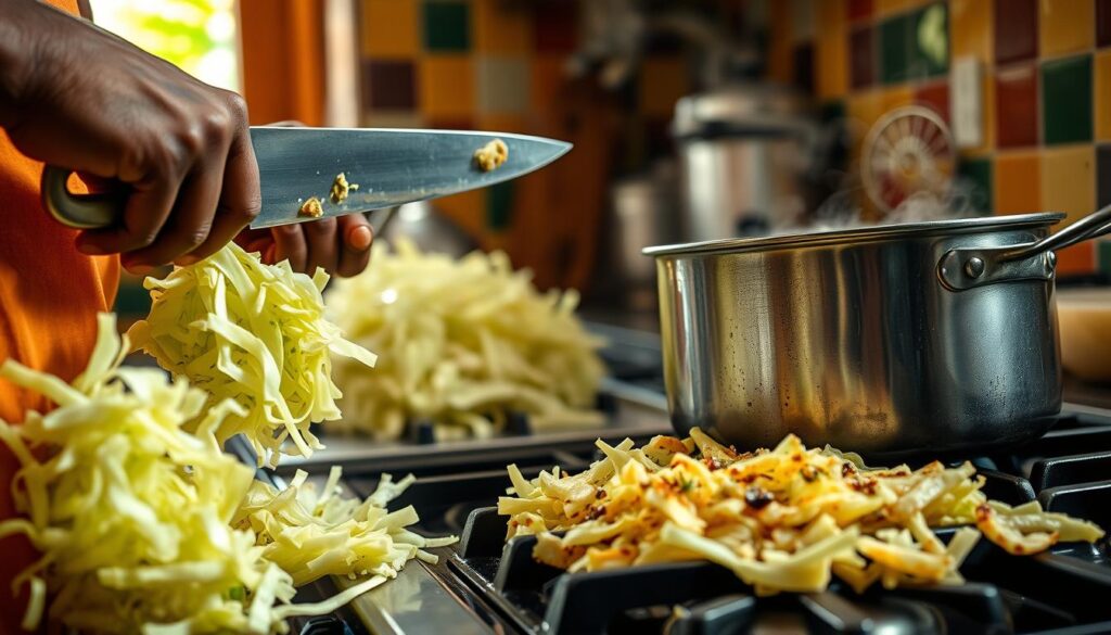A well-lit, close-up scene of an authentic Jamaican kitchen, capturing the traditional techniques used for cooking cabbage. In the foreground, a skilled cook carefully shreds fresh cabbage with a sharp knife, showcasing the precise chopping motion. In the middle ground, a simmering pot of aromatic seasoned cabbage sizzles on a stovetop, filling the air with the rich scents of garlic, thyme, and allspice. The background features a vibrant, colorful tile backsplash and the warm glow of natural light from a nearby window, creating an inviting and homely atmosphere. The overall scene conveys the care, attention to detail, and cultural heritage that goes into preparing this beloved Jamaican dish.