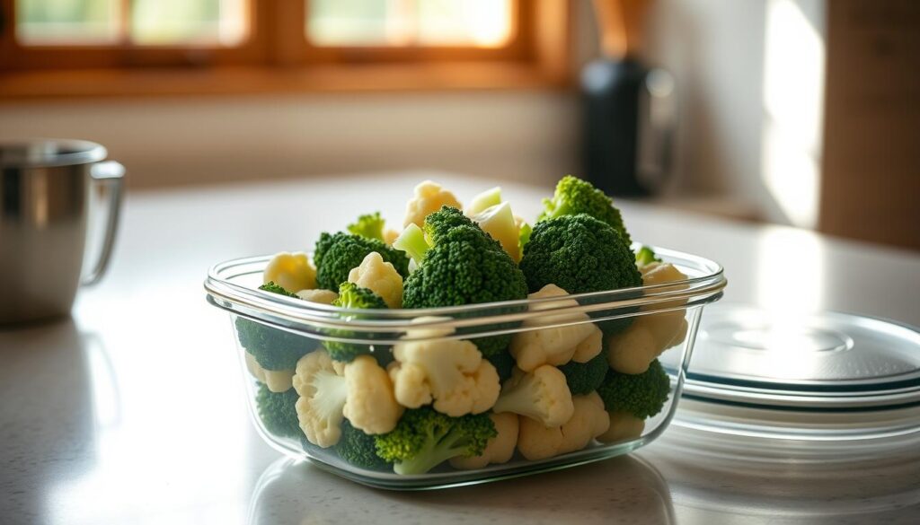 A well-lit kitchen counter, crisp green broccoli and white cauliflower florets arranged neatly in a glass container. Condensation beads along the sides, indicating freshness. An airtight lid sits nearby, ready to seal in the flavors. Soft natural light filters through a nearby window, casting a warm glow on the scene. The overall mood is one of care and organization, reflecting the intention to preserve the nutritious salad for later enjoyment.