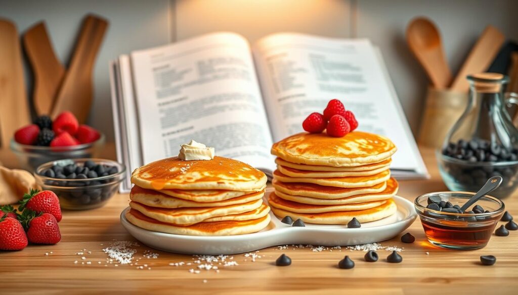 A well-lit kitchen counter with an open recipe book, a stack of fluffy pancakes, and various customization ingredients like fresh berries, chocolate chips, and maple syrup arranged artfully around the scene. The pancakes are golden-brown, with a slightly crisp exterior and a soft, pillowy interior. Warm, diffused lighting casts a cozy glow over the setup, and the angle is slightly elevated to provide a clear, appetizing view of the customizable pancake dish.