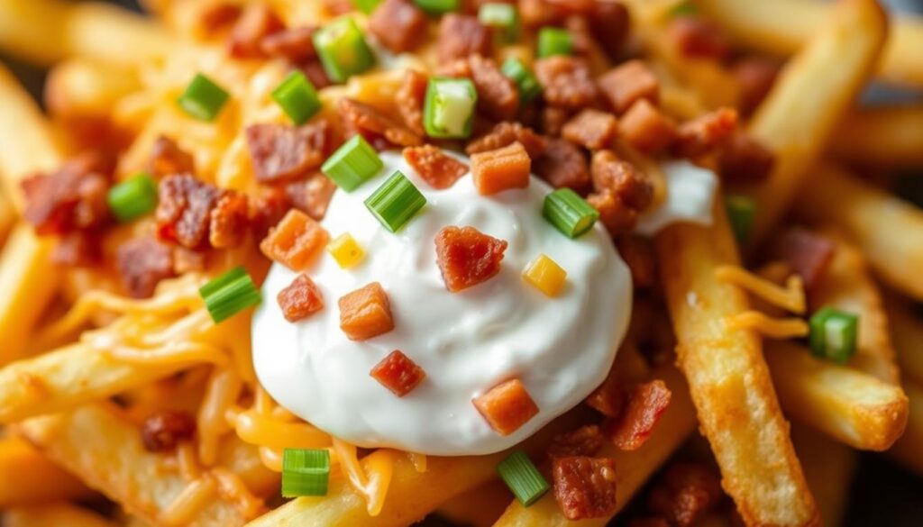 Crispy golden french fries topped with melted cheddar cheese, crispy bacon bits, tangy sour cream, and fresh scallions. The fries are arranged in an appetizing manner, with a light, airy quality and a mouthwatering sheen. The lighting is soft and natural, accentuating the texture and colors of the ingredients. The camera angle is slightly elevated, capturing the dish in an enticing, three-dimensional perspective. The overall mood is one of comforting indulgence, inviting the viewer to imagine the satisfying crunch and creamy flavors of this delectable loaded fries recipe.