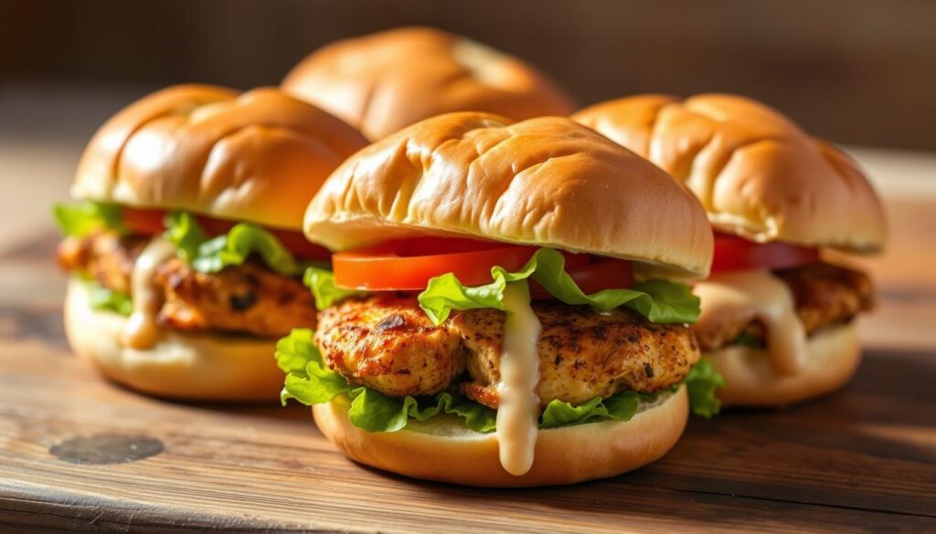 Delectable Blackstone Chicken Sandwiches, nestled between artisanal brioche buns, their golden-brown crusts glistening under soft, diffused lighting. Juicy, perfectly seasoned chicken breasts, seared to perfection on a Blackstone griddle, are topped with crisp lettuce, juicy tomato slices, and a tangy, creamy sauce that drips down the sides. The sandwiches are arranged on a rustic wooden surface, their shadows casting gentle patterns that add depth and dimension to the scene. A subtle vignette effect softens the edges, creating a cozy, inviting atmosphere that evokes the comforts of a homemade meal. The overall composition and warm tones convey a sense of mouthwatering temptation, perfectly capturing the essence of the "Creative Blackstone Chicken Sandwiches" featured in the article.