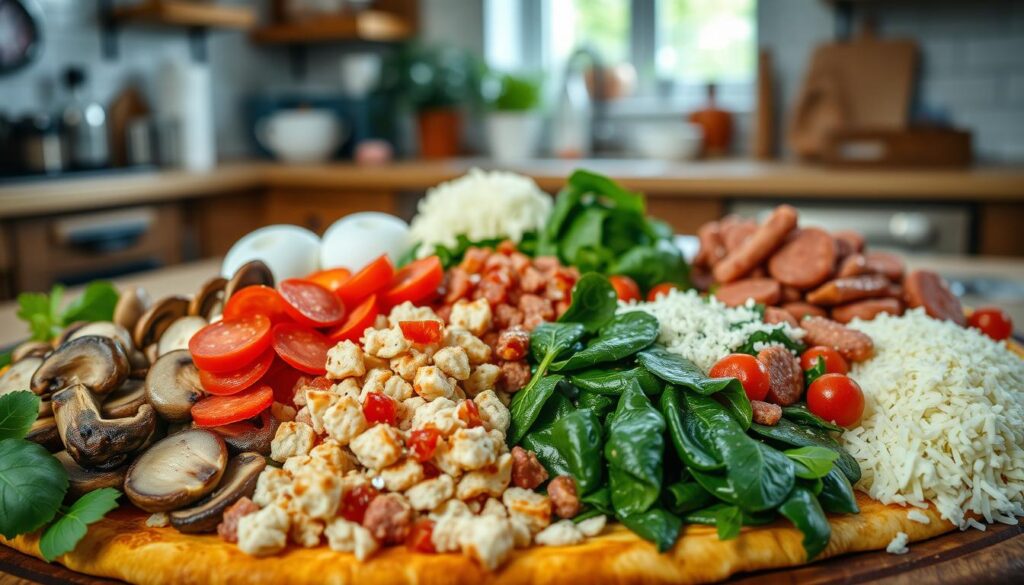 Detailed arrangement of various calzone fillings in a rustic, homemade setting. In the foreground, a bountiful display of fresh ingredients such as sautéed mushrooms, sliced pepperoni, crumbled Italian sausage, wilted spinach, and grated mozzarella cheese. In the middle ground, a wooden board or table with a simple white cloth, adding a warm, homey touch. The background showcases a cozy kitchen environment, with minimal clutter and natural lighting filtering through a window, creating a soft, inviting atmosphere. The overall composition conveys a sense of culinary abundance and the promise of a delicious, handcrafted calzone experience.