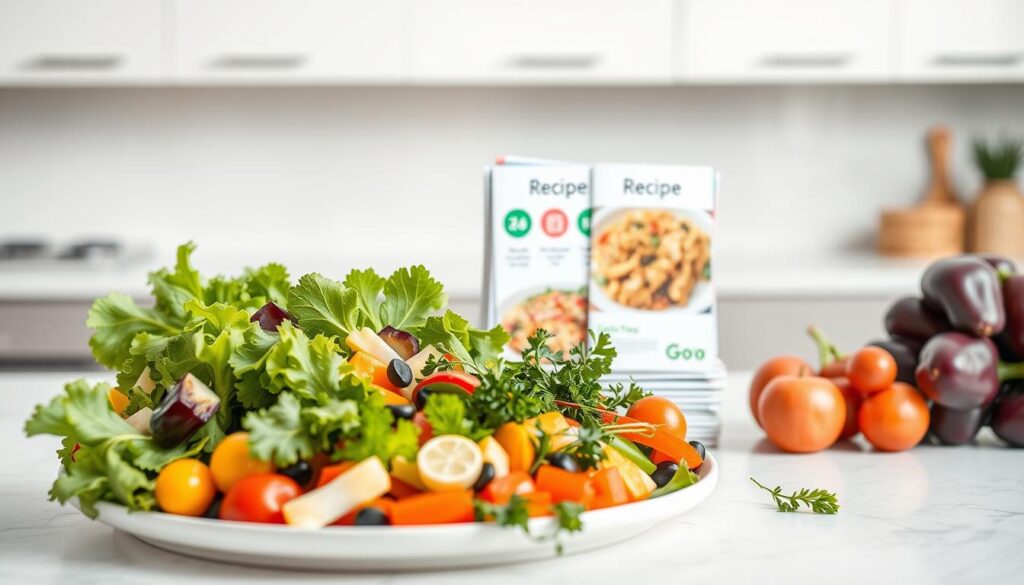 Golo Recipes Dietary Considerations: A crisp, well-lit food photography setup showcasing a variety of health-conscious Golo meal options. In the foreground, an assortment of colorful, fresh produce - leafy greens, vibrant vegetables, and aromatic herbs - artfully arranged on a white ceramic plate. In the middle ground, a stack of neatly organized recipe cards featuring Golo-approved dishes, each with clear dietary icons denoting gluten-free, dairy-free, or vegetarian options. The background is a minimalist kitchen countertop with a neutral, calming color palette, allowing the food and recipes to be the focal point. The lighting is soft and even, highlighting the natural textures and colors of the ingredients, creating an inviting and appetizing scene.