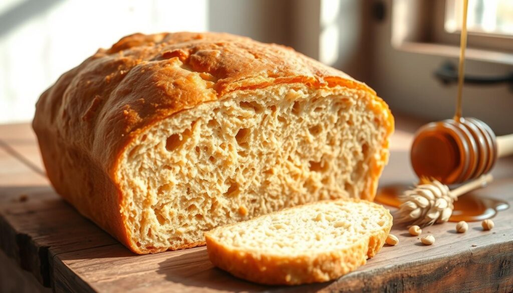 Homemade honey wheat bread, freshly baked, resting on a rustic wooden surface. A golden-brown loaf with a soft, tender crumb and a delicate sheen. Sunlight filters through a nearby window, casting a warm glow and creating gentle shadows that accentuate the bread's artisanal texture. The aroma of honey and freshly-ground wheat fills the air, inviting the viewer to imagine the taste and experience of this comforting, homemade treat. A sprinkling of wheat kernels and a drizzle of honey on the side add a touch of natural, homespun elegance. The overall scene evokes a sense of cozy, domestic tranquility, perfectly capturing the essence of "Tips for Perfect Honey Wheat Bread".