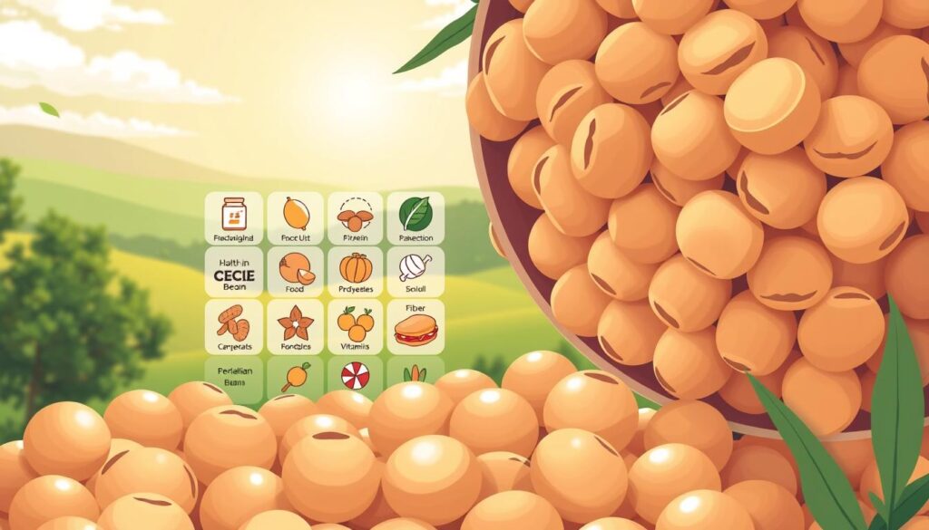 Vibrant illustration showcasing the health benefits of ceci beans, also known as garbanzo beans or chickpeas. In the foreground, a close-up of the beans, their earthy tones and textured exteriors highlighted by soft, warm lighting. In the middle ground, a collage of icons and infographic elements depicting the bean's nutritional profile - high in protein, fiber, and various vitamins and minerals. The background features a soothing, natural landscape with lush greenery and a serene sky, creating a calming, wholesome atmosphere. Rendered in a clean, detailed artistic style that effectively communicates the healthful and versatile nature of this beloved legume.