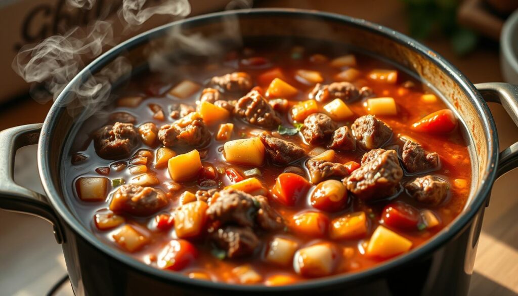 Vibrant, nourishing brisket chili simmering in a large pot, with tender beef chunks, a blend of hearty vegetables like onions, peppers, and tomatoes, and a rich, spice-infused broth. Aromatic steam rises, hinting at the depth of flavors. The scene is bathed in warm, natural lighting, creating an inviting, homey atmosphere. The composition emphasizes the wholesome, satisfying nature of this dish, highlighting its health benefits as a source of protein, fiber, and essential nutrients. Camera angle slightly elevated to showcase the vibrant colors and textures of the chili, conveying its appetite-whetting appeal.