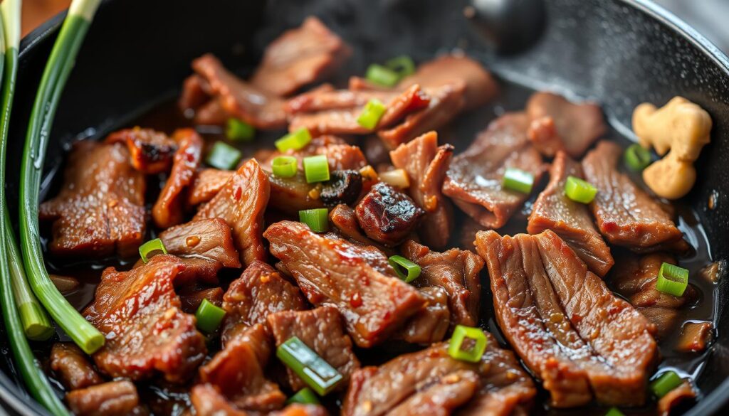 a delicious and easy to prepare bulgogi recipe, with thinly sliced beef marinated in a savory, sweet, and umami-rich sauce, sizzling on a cast iron skillet, surrounded by fresh scallions, garlic, and ginger, with a hint of sesame oil in the air, captured in a warm, inviting, and mouth-watering close-up shot, with soft, diffused lighting that accentuates the caramelized edges of the meat and the vibrant colors of the ingredients, shot from a low angle to emphasize the rustic and comforting nature of the dish.