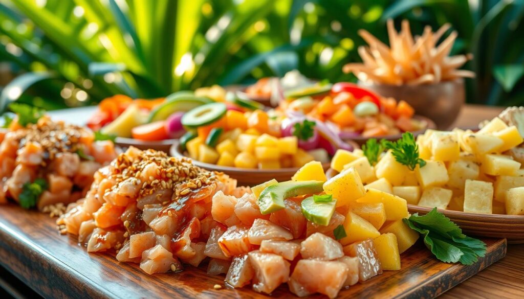 A bountiful display of diverse salmon poke variations, artfully arranged on a wooden table. In the foreground, diced salmon sashimi glistens with a drizzle of soy-sesame dressing, garnished with sliced avocado, diced mango, and toasted sesame seeds. The midground features a rainbow of ingredients - vibrant cubes of pineapple, crisp cucumber spears, and a scattering of pickled ginger. In the background, a backdrop of lush tropical foliage sets the scene, with warm, natural lighting highlighting the vibrant colors and textures of this delectable poke feast. A mouthwatering, visually stunning representation of the creative potential in crafting the perfect salmon poke.
