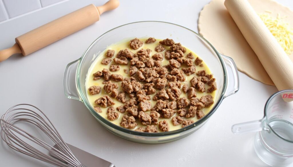 A bright, well-lit kitchen counter, with a clear glass pie dish filled with a mixture of crumbled cooked sausage, beaten eggs, heavy cream, and shredded cheese. Beside the dish, a rolling pin and a sheet of flaky pastry dough, ready to be carefully unrolled and pressed into the dish, creating a golden-brown crust. In the foreground, a chef's knife, a whisk, and a measuring cup, hinting at the precise preparation required. The overall scene conveys a sense of culinary anticipation, with the sausage quiche poised to emerge from the oven, ready to delight the senses.