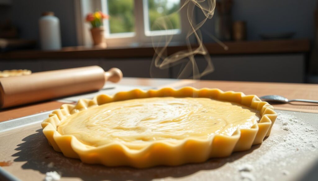 A cozy kitchen scene on a sunny morning. In the foreground, a simple yet elegant sausage quiche crust sits atop a baking sheet, its golden-brown surface glistening with brushed egg wash. Wisps of steam rise from the crust, hinting at the delicious filling to come. The middle ground features a wooden rolling pin and a lightly floured surface, suggesting the meticulous preparation of the dough. In the background, a window floods the space with natural light, casting a warm, inviting glow over the scene. The overall atmosphere is one of homey comfort and the anticipation of a delectable homemade meal.