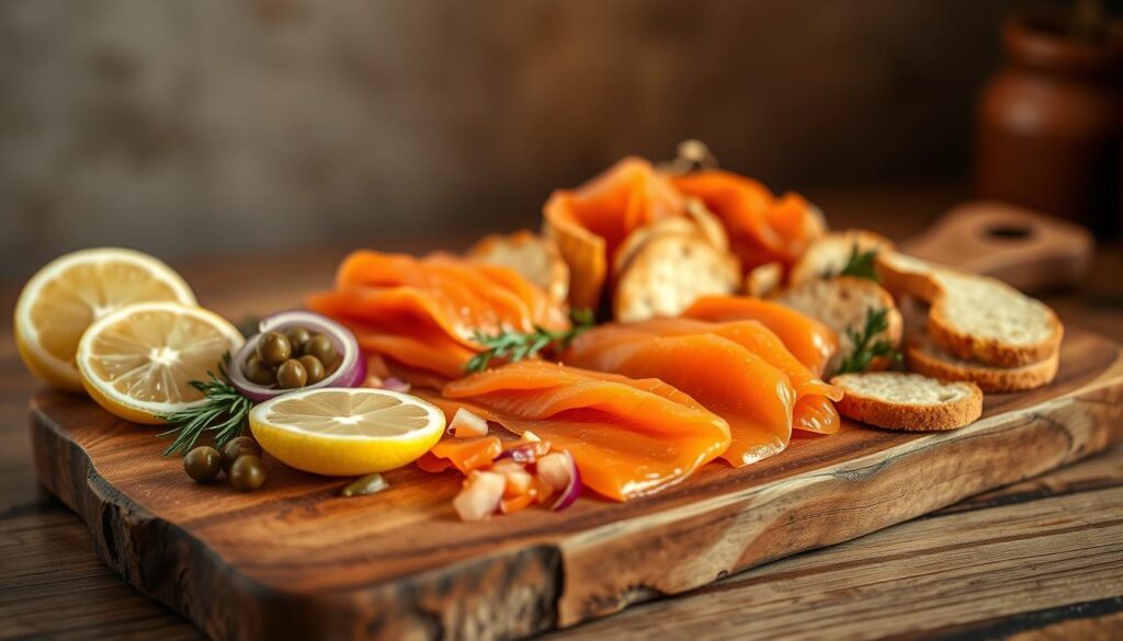 A delectable spread of smoked salmon beautifully arranged on a rustic wooden board, accompanied by an array of complementary garnishes and accoutrements. In the foreground, freshly sliced lemon wedges, capers, and diced red onion add vibrant pops of color and zest. In the middle ground, a selection of artisanal crackers, crostini, and slices of toasted brioche provide the perfect canvas for the smoky, silky salmon. The background features a dreamy, soft-focus setting, with a muted color palette of earthy tones and natural textures, evoking a cozy, intimate ambiance. Warm, directional lighting casts a gentle glow, highlighting the rich, buttery hues of the salmon and the intricate details of the accompaniments. The overall composition exudes an air of effortless elegance, inviting the viewer to savor the flavors and textures of this quintessential smoked salmon pairing.