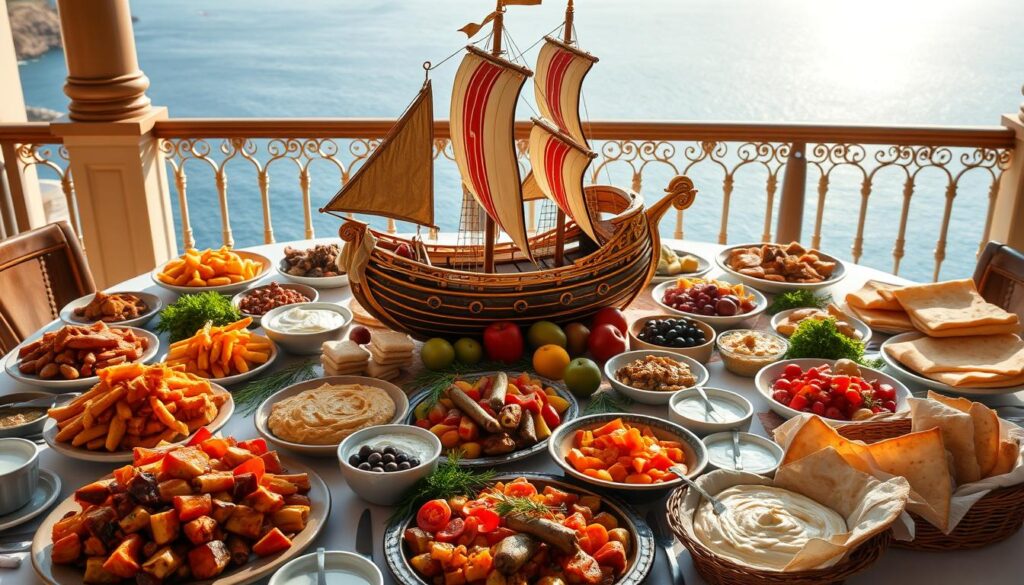 A lavishly laid table, adorned with an ornate, gilded conqueror's galley at the center. Surrounding the ship, an array of mouthwatering side dishes: heaps of roasted root vegetables, glistening with olive oil and fragrant herbs; platters of cured meats and olives; bowls of creamy hummus and tangy tzatziki; baskets overflowing with freshly baked flatbreads. The scene is bathed in warm, golden light, casting a cozy, inviting atmosphere. In the background, a panoramic view of a sun-dappled Mediterranean seascape, hinting at the far-flung adventures that inspired these rich, flavorful dishes.