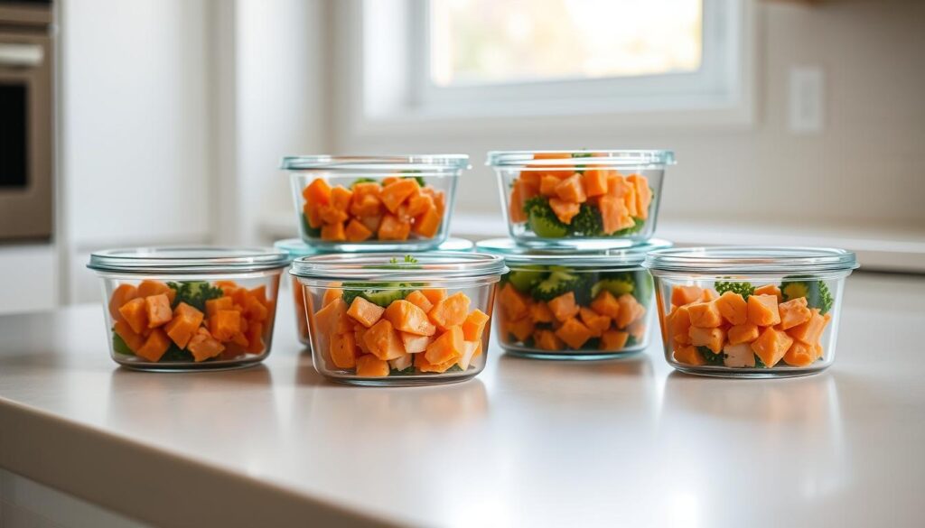 A sleek, minimalist kitchen counter holds a neatly arranged set of glass storage containers filled with freshly prepared salmon poke. The containers feature tight-fitting lids, ensuring the poke remains fresh and flavorful. Soft, natural lighting from a nearby window bathes the scene in a warm, inviting glow, highlighting the vibrant colors of the poke ingredients. The counter's smooth, neutral-toned surface provides a clean, uncluttered backdrop, allowing the poke storage containers to take center stage. This image conveys a sense of culinary organization and attention to detail, perfectly capturing the importance of proper salmon poke storage for enjoying leftovers.